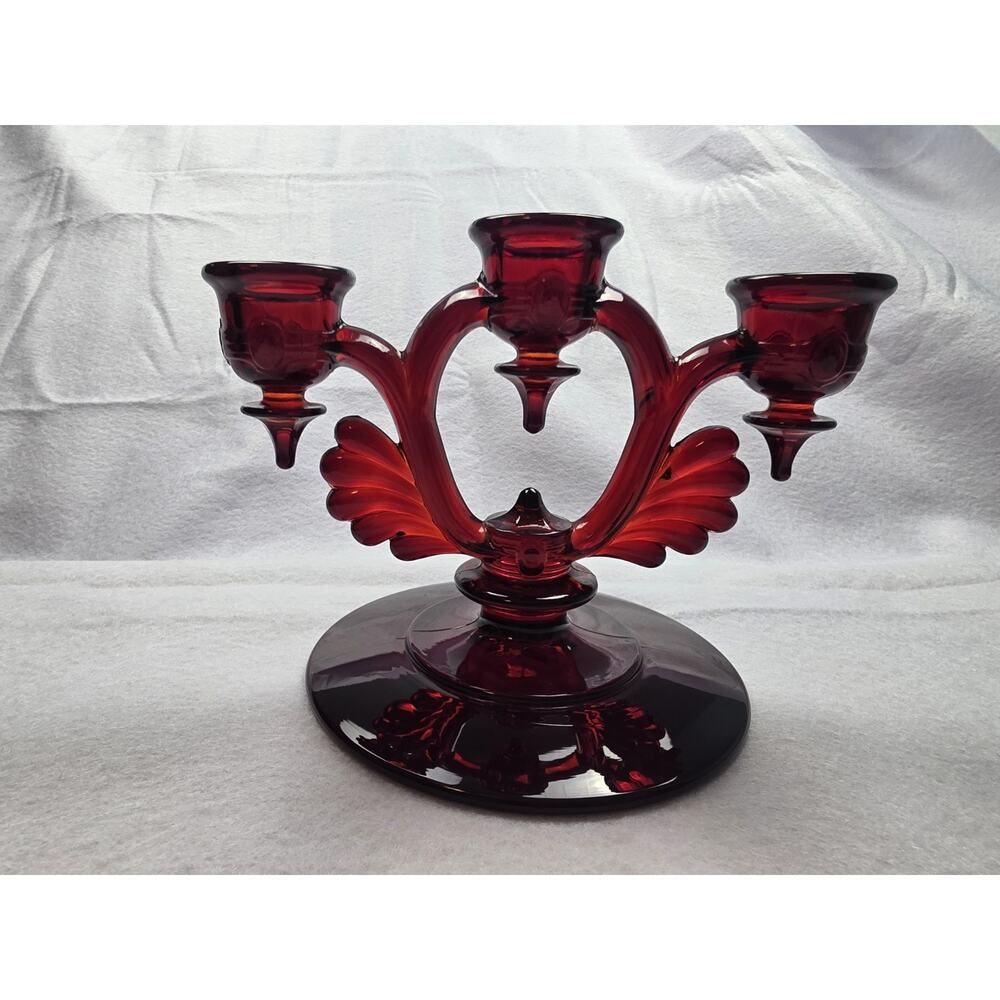 Vintage New Martinsville Glass Moondrops Ruby Red Winged 3 Candlestick Holder - Picture 2 of 7